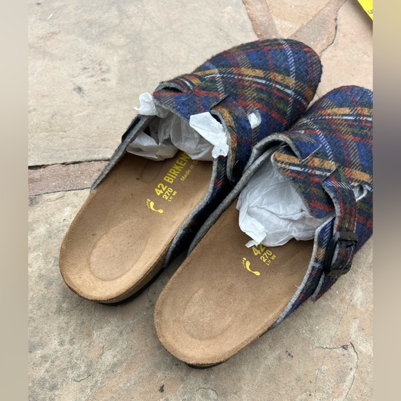 Birkenstock Boston Blue Tartan Plaid Felted Wool Clogs - Euro 42 Sz 9 Narrow Fit - Picture 2 of 6